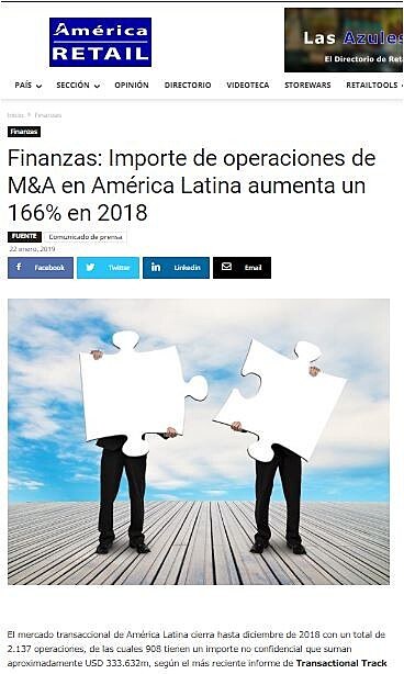 Importe de operaciones de M&A en Amrica Latina aumenta un 166% en 2018